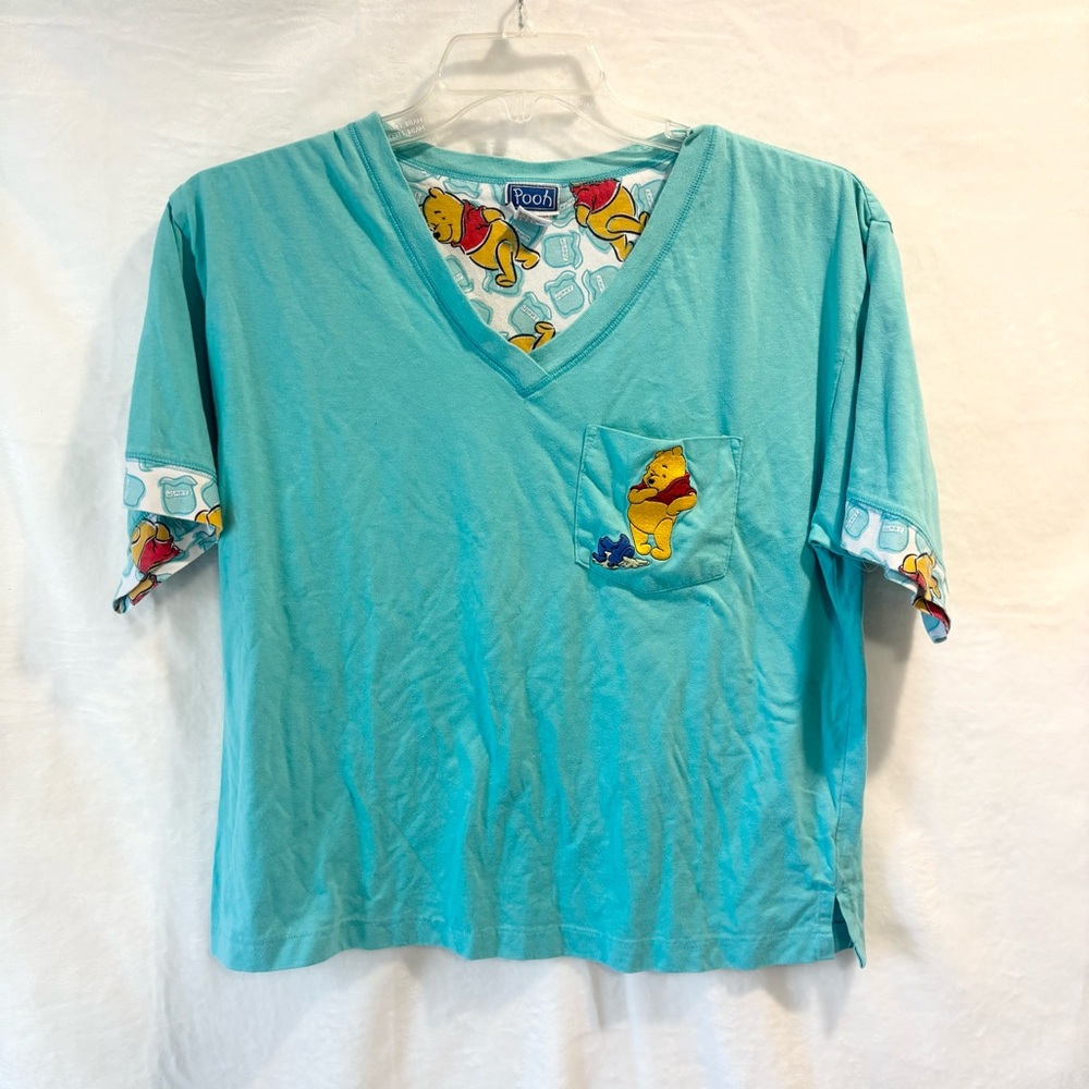Vintage Disney Winnie the Pooh V-Neck Shirt L – Teal Blue Honey Pot Trim